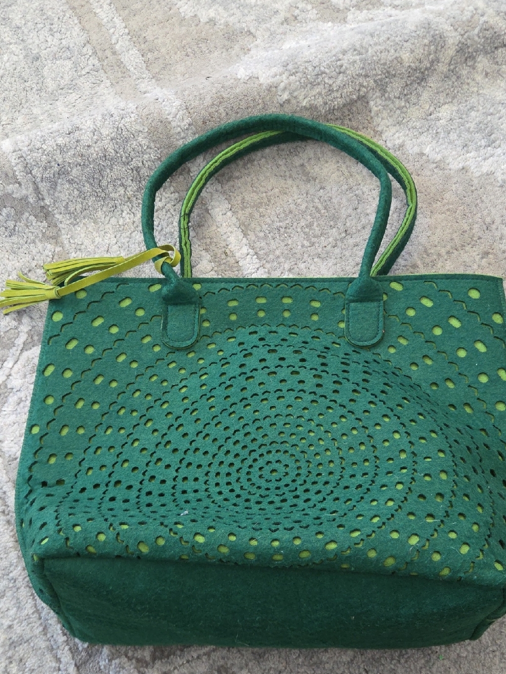 Green Perforated Felt Tote with Tassel Accent